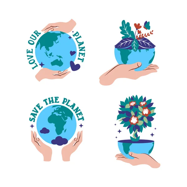 L'ensemble des mains tenant des planètes Terre pour autocollants, dessins de logo, insignes — Image vectorielle