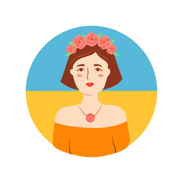 O retrato da menina ucraniana, e avatar com uma bandeira para as mídias sociais. O rosto das mulheres com uma coroa de flores —  Vetores de Stock