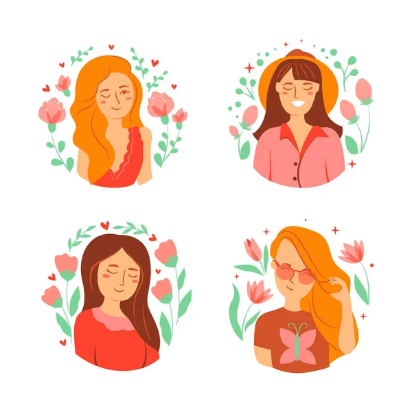 O conjunto de avatares meninas bonitos. Rostos e retratos de mulheres —  Vetores de Stock