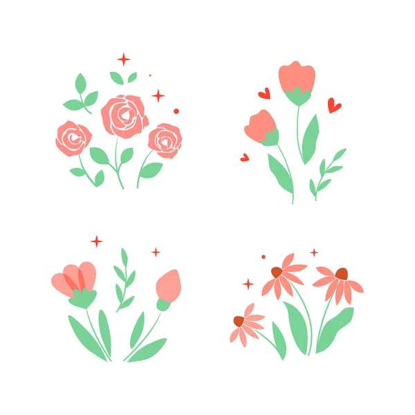 Los ramos de collage de rosas, manzanilla y otros. El conjunto de flores rosadas — Vector de stock