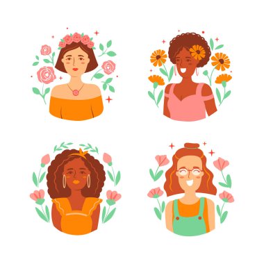 Farklı kızların şirin portreleri. Yüzler ve avatarlar