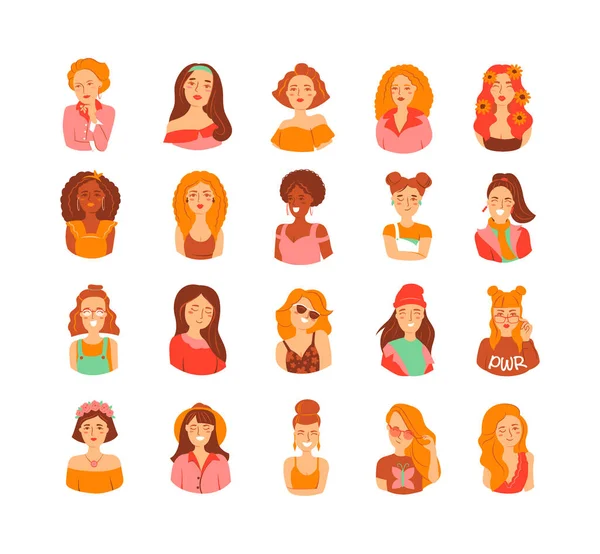 La grande serie di diversi ritratti di ragazze, avatar per adesivi e social media — Vettoriale Stock