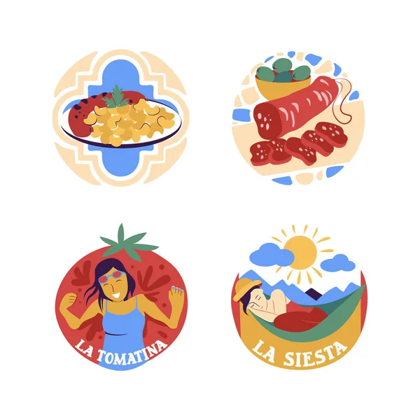 Las insignias son salchichas, frijoles, almuerzo y la fiesta de Tomatina. — Archivo Imágenes Vectoriales