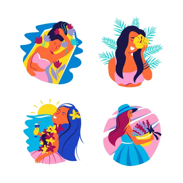 Estas são umas férias de verão com mulheres bonitas. O conjunto de viagens e ilustrações turísticas —  Vetores de Stock