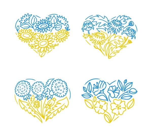 The flower illustration in the form of a heart in the color of the Ukrainian flag. The set of sunflowers, cornflower, chrysanthemum, dandelions — Stockvector