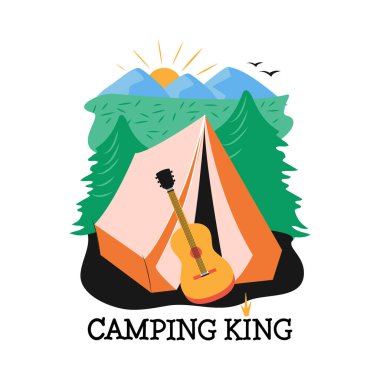 Bu açık hava görüntüsü, metin ile, Kamp Kralı. Çadırlı, gitarlı