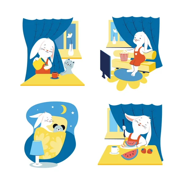 Set Divertenti Coniglietti Che Amano Giocare Mangiare Dormire Illustrazione Vettoriale — Vettoriale Stock