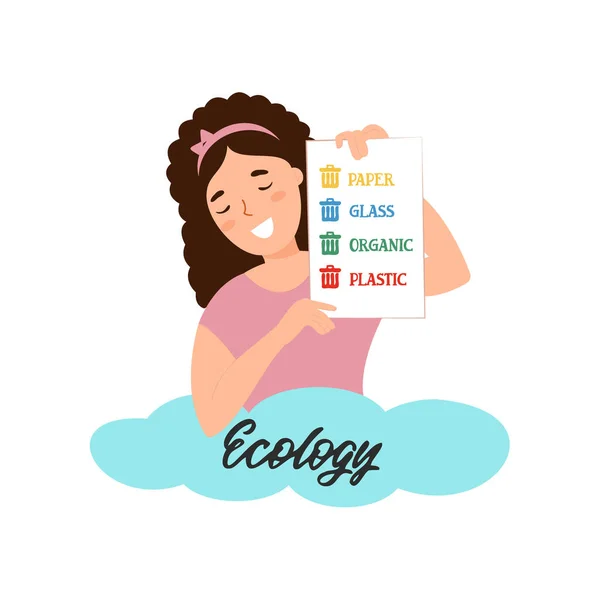 Cartoon Girl Holding Garbage Waste Rule Lesson Ecology School Illustration — Stock Vector