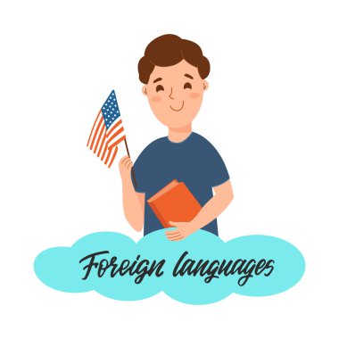 This is a cartoon boy student holding a flag in his hands at a foreign language lesson studying. School illustration is good for stickers, logo designs, emblems, etc.