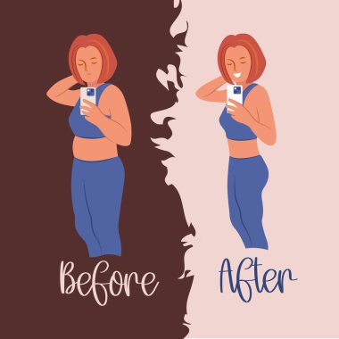 The illustration before and after. A fat and slim girl takes a selfie. Sports help you lose weight