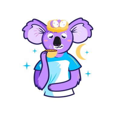 Portrait of a cartoon koala who loves to sleep. The animal holds a cup of coffee at night as a symbol of a lazy person.