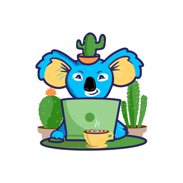 Character Laptop Coffee Cacti Koala Bear Loves Work Symbolizes Diligence — ストックベクタ