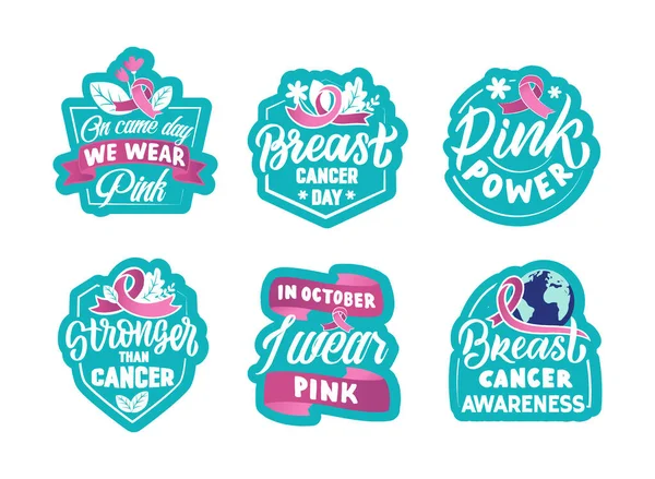 Set Patches Breast Cancer Pink Power Stronger Quotes — 스톡 벡터