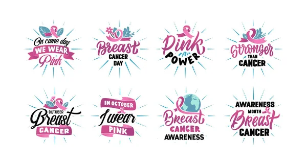Set Stickers Breast Cancer Rays Pink Power — 스톡 벡터