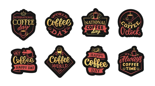 Set Stickers National Coffee Day Lettering Quotes Form Patches — 图库矢量图片