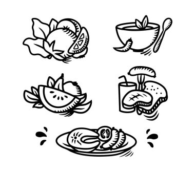The set of food icons. The doodle style of black and white in vector illustration