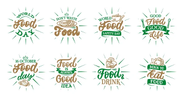 Set Lettering Phrases World Food Day Collection Emblems Rays Vector —  Vetores de Stock