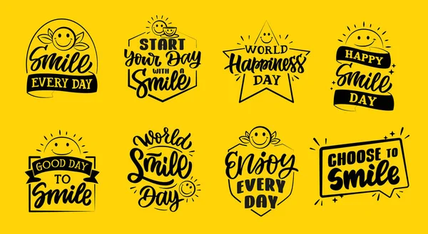 Set Lettering Emblems World Smile Day Vector Illustration Doodle Style — Stock Vector