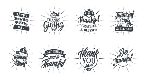 Serie Frasi Lettering Giorno Del Ringraziamento Con Raggi Stile Doodle — Vettoriale Stock