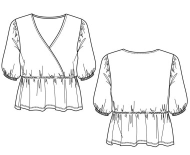 Vektör ambalaj balonu kollu bluz moda CAD, elastik bel kadın üst çizim, düz şablon, teknik çizim. Jersey ya da örülmüş kumaş bluz. Önü, arkası, beyaz renk.