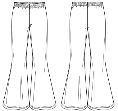 Kadın modası için vektör pantolonu, taslak şablonu, kadın pantolonu teknik çizimi, modaya uygun taytlar, maket. Jersey ya da dokuma kumaş pantolon, beyaz renk.