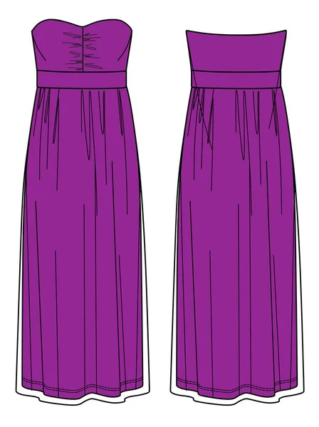 ベクトルマキシストラップレスドレス技術図面 女性の夜のドレスファッションCad チュールシックなドレステンプレート フラット スケッチ — ストックベクタ