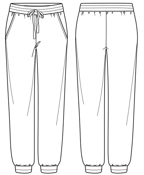 ベクトルユニセックスジョガーファッションCad サイドポケット付き女性スウェットパンツ技術図面 テンプレート スケッチ フラット フロント バックビュー ホワイトカラーのジャージーまたは織生地のズボン — ストックベクタ