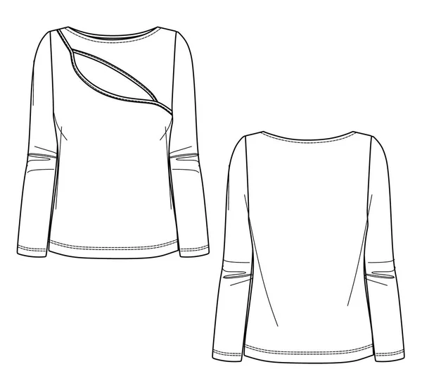 Vektör Moda Cad Tişörtü Uzun Kollu Kadın Bluzu Çizimi Yakalı — Stok Vektör