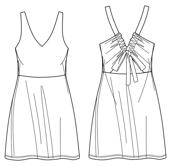 ベクトル夏のドレス技術的な図面 バック詳細ファッションCad テンプレート フラット スケッチ テンプレート フラットと女性Vネックドレス フロント バックビュー ホワイトカラーのジャージーまたは織生地のドレス — ストックベクタ