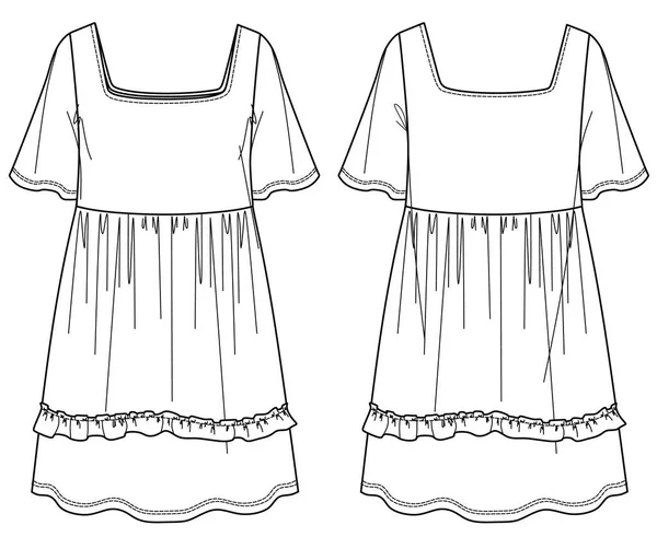 Voluminöses Modekleid Vektorskizze Trendiges Kleid Mit Rüschen Kleidermode Technische Illustration — Stockvektor