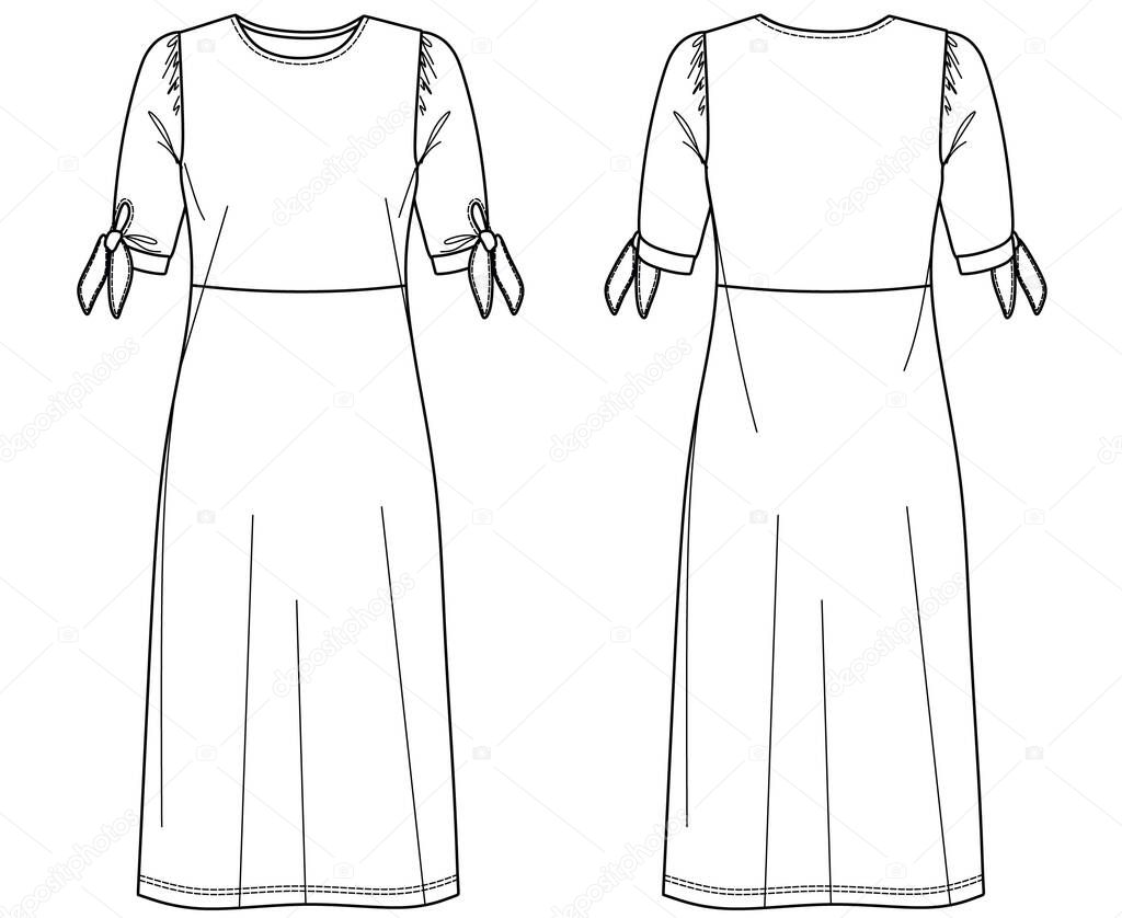 Midi dress vector technical drawing, dress with tie detail CAD/flat, dress with short sleeves sketch