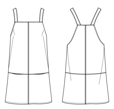 Vektör kadın askısız tulum teknik çizim, cepleri ve düğmeleri olan kolsuz tulum moda CAD, şablon, düz, taslak, maket. Jersey ya da dokuma kumaştan tulum, beyaz renk.
