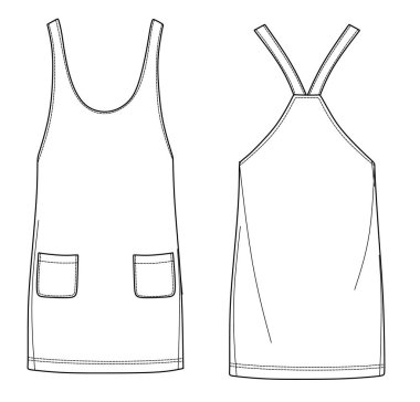 Vektör Dungaree elbise giysisi, kadın mini elbise, iki cepli teknik çizim, şablon, düz, çizim, modelleme. Jersey ya da örülmüş kumaş elbise, önü, arkası, beyaz renk