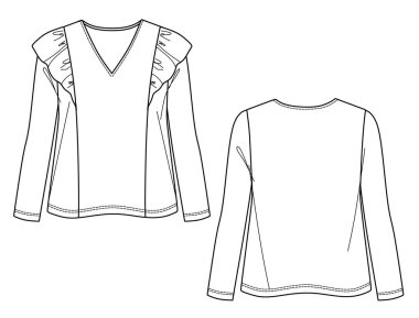 Vektör uzun kollu bluz teknik çizim, fırfırlı tişört moda CAD, taslak, şablon