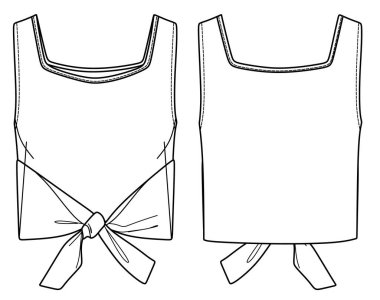 Vector kare yakalı, pruva detaylı moda CAD 'li, kolsuz, ekili, üst düzey teknik çizimli, şablon, çizim, düz. Jersey ya da örülmüş kumaş bluz. Önü, arkası, beyaz renk.