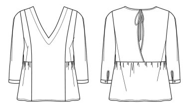 Vektör uzun kollu bluz teknik çizim, kadın v-yaka moda CAD, arka detaylarıyla bluz çizimi 