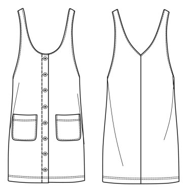 Vektör Dungaree elbise giysisi, kadın mini elbise, iki cepli teknik çizim, şablon, düz, çizim, modelleme. Jersey ya da örülmüş kumaş elbise, önü, arkası, beyaz renk