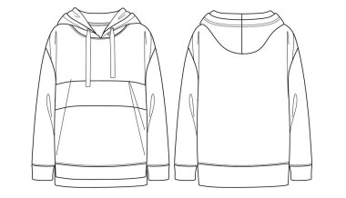 Vektör kadın sweatshirt moda CAD, uzun kollu kapüşonlu sweatshirt teknik çizim, taslak, düz. Örtü ya da dokuma kumaştan kazak. Önü, arkası, beyaz renk.
