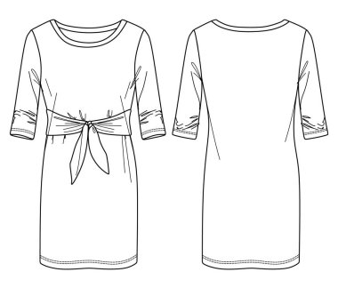 Vector yuvarlak boyunlu, uzun kollu elbise CAD, ince formalı mini elbise, önünde fiyonk, çizim, şablon, düz. Jersey ya da yün kumaştan önü, arkası, beyaz renk.