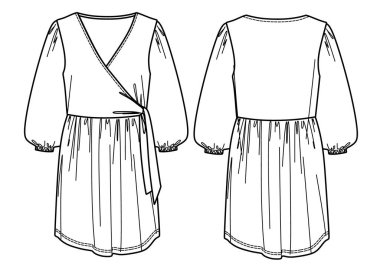 Vektör sahte sarılı elbise teknik çizim, kısa kadın uzun kollu elbise moda CAD, taslak, şablon