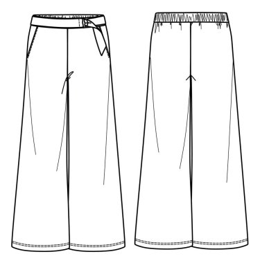 Geniş bacak pantolonları moda CAD, kemer çizimi, taslak, şablon, düz pantolonlu rahat kadın. Jersey ya da örülmüş kumaş pantolon, önü, arkası, beyaz renk.