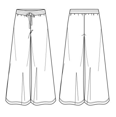 Vektör yoga pantolonu teknik çizimi, geniş bacaklı eşofman altı moda CAD, taslak, düz çizim. Jersey ya da önü, arkası, beyaz renkli kumaş pantolon. Palazzo pantolon çizimi.