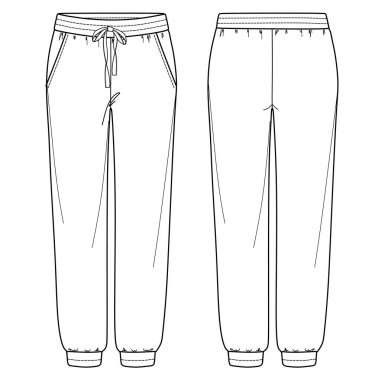 Vektör uniseks koşucusu moda CAD, yan cepli kadın eşofmanı teknik çizim, taslak, düz. Jersey ya da örülmüş kumaş pantolon, önü, arkası, beyaz renk.
