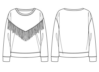 Vektör kadın eşofman altı giysisi, yuvarlak yaka sweatshirt, püsküllü teknik çizim, şablon, düz, çizim