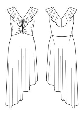 Vektör yaz elbisesi moda CAD, kadın asimetrik kenarlı şık elbise teknik çizim, Volant detaylı elbise düz, şablon, çizim