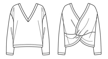 Vektör uzun kollu üst moda CAD, arkadan düğümlü kadın kazağı teknik çizim, şablon, düz çizim, çizim. Jersey kumaş kaplama, önü, arkası, beyaz renk.