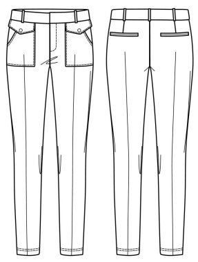 Cepli vektör pantolonlar moda CAD, kadın özel pantolon teknik çizim, şablon, düz çizim, çizim