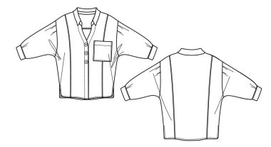 Vektör uzun kollu gömlek moda CAD, düğmeli kadın v boyun bluzu teknik çizim, taslak, düz çizim