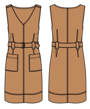 Vektör yaz vs yaka elbise CAD, kemerli ve cepli kadın mini elbise teknik çizim, şablon, düz, çizim. Jersey ya da örülmüş kumaş elbise, önü, arkası, beyaz