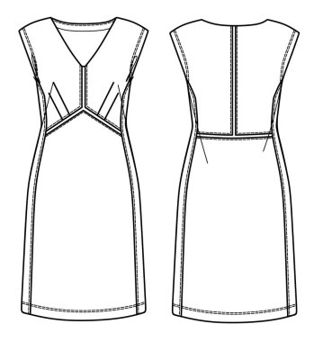 Vektör yaz v boyun elbise CAD, dikişli kadın mini elbise teknik çizim, şablon, düz çizim. Jersey ya da örülmüş kumaş elbise, önü, arkası, beyaz